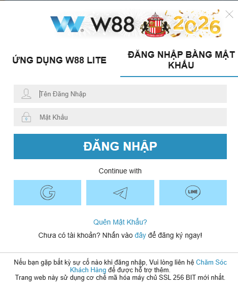 Nhập thông tin đăng nhập W88